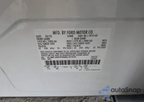 2022 Lincoln Nautilus Reserve из США, поврежденный, VIN 2LMPJ8KP0NBL01930